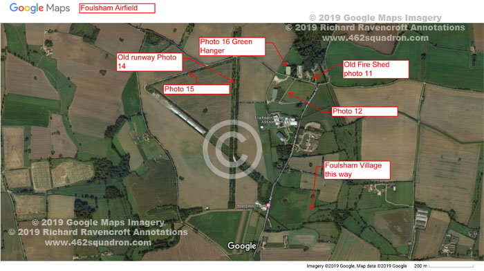 Google Map image showing locations around the old RAF Foulsham Airfield, 462 Squadron 1945, visited 24 February 2019. 