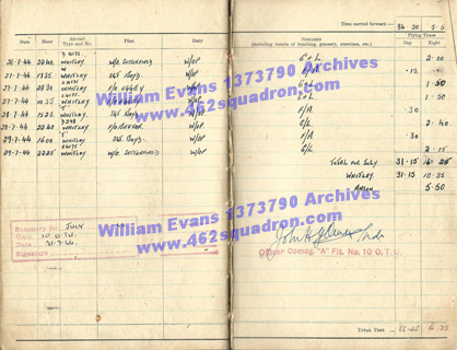 William Evans 1373790 RAF, 462 Squadron - Log Book, at 10 OTU, July 1944, with Signature.