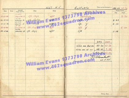 William Evans 1373790 RAF, 462 Squadron - Log Book, at 1663 HCU, October 1944, with Signature.