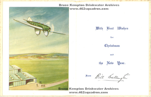 Inside of Card from William Henry Millington, DFC; associated with Bruce Kempton Drinkwater of 462 Squadron.
