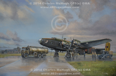 Halifax MZ913 Z5-N Jane of 462 Squadron, RAAF, painting by Charles McHugh, CFS(c) GMA, Copyright 2014.