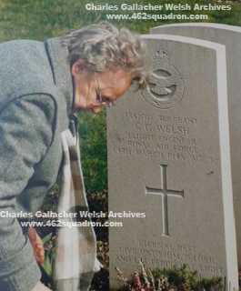 Joan Mosely, formerly Johanna Margaret Welsh, at Clichy Northern Cemetery, France, at the Headstone of Charles Gallacher Welsh 1837071 RAFVR (462 Squadron, Foulsham)