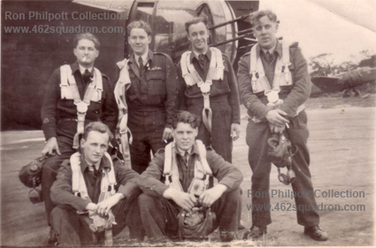 RAAF crew beside Halifax rear turret late 1944 or early 1945 - Dooley, Gallop, Philpott, Gleeson, Meade & unidentified - 462 Squadron