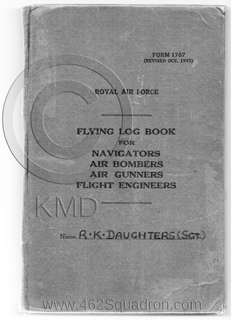 Cover of Flying Log Book for Sgt Ralph Kenneth DAUGHTERS, 1895166 RAF, Flight Engineer in 462 Squadron.
