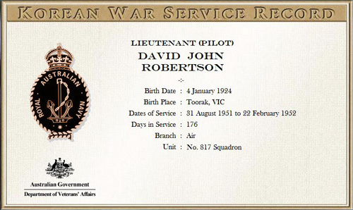David John Robertson Certificate of Service, Korean War; previously 419444 RAAF, Pilot, 462 Squadron. 