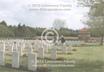 John and Aaron Lawrence at the graves of the crew of Halifax MZ469 Z5-N, Hotton War Cemetery, 2012. 