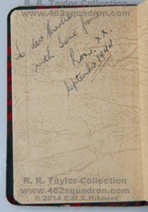 Inscription inside Tartan notebook given to his younger sister Merlie in September 1944 by Ronald Reginald Taylor, 432346, RAAF (later 462 Squadron).
