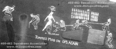 Nose Art for Halifax MZ296 Z5-L, Thomas Crew 6, of 462 Squadron, "Tommos's Mob on Ops again".