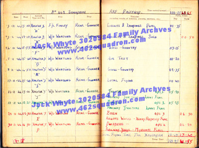 Jock Whyte, 3020584 RAFVR, log book November 1944, 462 Squadron, Driffield.