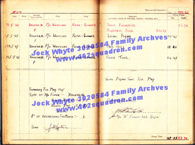 Jock Whyte, 3020584 RAFVR, log book May 1945, 462 Squadron, Foulsham