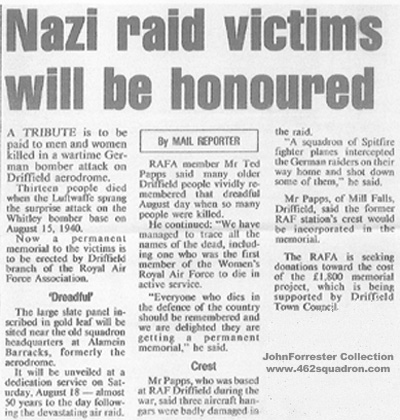 News article August 1990, regarding Memorial to victims of Air Raid at RAF Driffield on 15 August 1940.