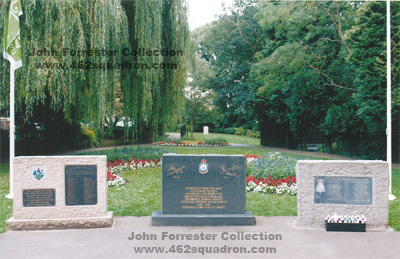 Driffield Memorial Gardens, about 2014, showing three Memorials - Urban District of Driffield WW2 Memorial; 466/462 Squadrons RAAF Memorial; and Air Raid August 1940 Memorial.  