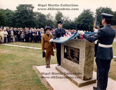 Mayoress of Driffield Mrs Brenda Pinkney, SAC Nigel Martin RAF, and un-named Corporal, RAF, on 19 August 1990, unveiling the Memorial to victims of Air Raid on 15 August 1940 at RAF Driffield.