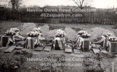 Funeral for Crew of Halifax LL598 Z5-A, 462 Squadron RAAF, on 19 January 1945 at Cambridge Cemetery, UK; Phillip Swarbrick, Alan Edwin Astill, Stanley James Minett, Mervyn George Isaac, Sydney Robert Fuller.