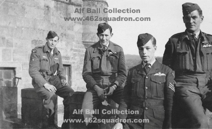 F/Sgt Alfred Desmond John Ball,  427182 RAAF, later in 462 Squadron, with unidentified Pilots, at a castle somewhere in the UK, 1944.