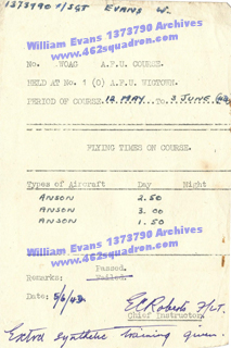 William Evans 1373790 RAF, 462 Squadron - Certificate at 1(O)AFU signed.