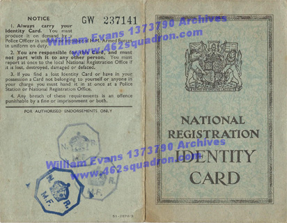 National Registration Identity Card for Wireless Operator William Evans, 1373790 RAF, 462 Squadron. 