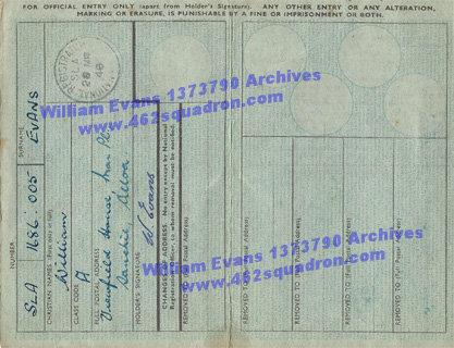 Inside of National Registration Identity Card for Wireless Operator William Evans, 1373790 RAF, 462 Squadron. 