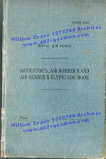 William Evans 1373790 RAF, 462 Squadron - Log Book cover.
