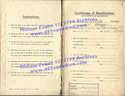 William Evans 1373790 RAF, 462 Squadron - Log Book, Qualifications. 