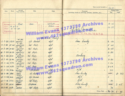 William Evans 1373790 RAF, 462 Squadron - Log Book, at 10 OTU, July 1944.