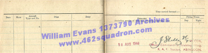 William Evans 1373790 RAF, 462 Squadron - Log Book, at 10 OTU, August 1944, with Signature.