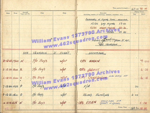 William Evans 1373790 RAF, 462 Squadron - Log Book, Driffield, December 1944.