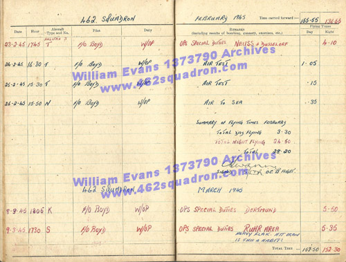 William Evans 1373790 RAF, 462 Squadron - Log Book, Foulsham, February/March 1945.
