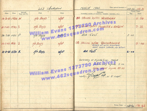 William Evans 1373790 RAF, 462 Squadron - Log Book, Foulsham, March 1945.