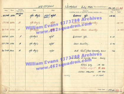 William Evans 1373790 RAF - Log Book, 102 Squadron, July 1945. 