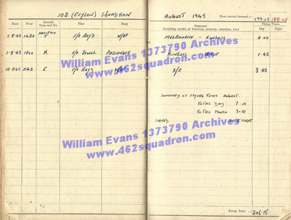 William Evans 1373790 RAF - Log Book, 102 Squadron, August 1945. 