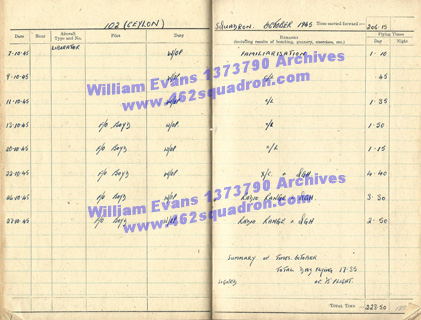 William Evans 1373790 RAF - Log Book, 102 Squadron, October 1945. 