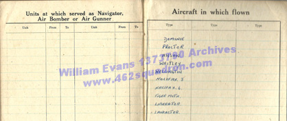William Evans 1373790 RAF, 462 Squadron - Log Book, aircraft.