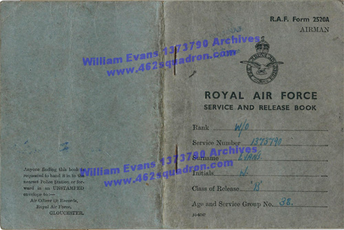 William Evans 1373790 RAF - Service and Release Book, cover.