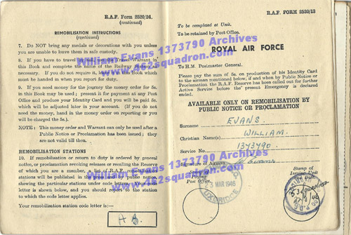 William Evans 1373790 RAF - Service and Release Book, pages 1/2.