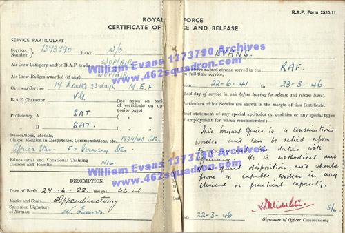 William Evans 1373790 RAF - Service and Release Book, pages 5/6.