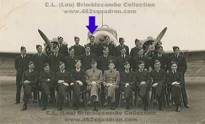 L.A.C. Charles Louis Brimblecombe, 425592 RAAF, and fellow trainee Navigators, 1943, at 2 A.O.S. Edmonton, Alberta, Canada, in front of an Anson training aircraft.