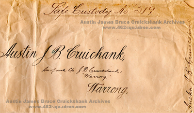 Envelope for Letter of Appreciation to Austin James Bruce Cruickshank 430276 RAAF, 462 Squadron.