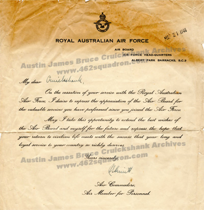 Letter of Appreciation to Austin James Bruce Cruickshank 430276 RAAF, 462 Squadron.
