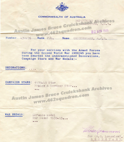Letter of Award of Medals to Austin James Bruce Cruickshank 430276 RAAF, 462 Squadron.