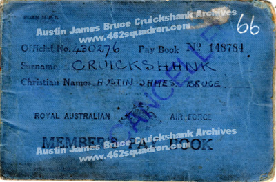 AJB Cruickshank 430276 RAAF Pay Book cover (462 Squadron) 