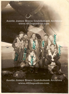 Leo Britt and crew with Halifax NR239 Z5-D, 462 Squadron, Foulsham in March 1945; Austin James Bruce Cruickshank, Raphael John Merkel, Archibald Hay Creswick, John Philip Bowley Chaplin, Errol Dallas Tisdell, John Timothy Spillane. (Original)