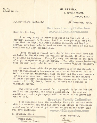 Letter 9 December 1947, Sergeant Frederick Brookes, 546437, RAF, of 462 Squadron, Foulsham. 