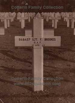 Grave 4.Z.11 of Sgt Frederick Brookes 546437 RAF 462 Squadron, Berlin 1939-1945 War Cemetery, with temporary cross in 1949