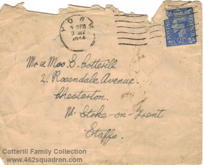 Last mail envelope, front, from Sgt Frederick Brookes 546437 RAF (later 462 Squadron)