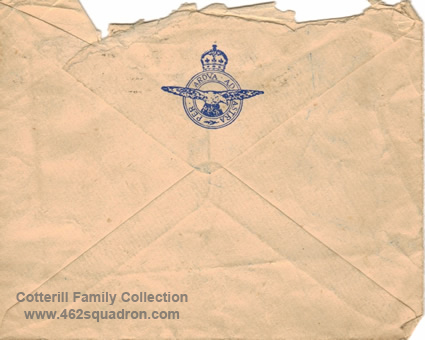 Last mail envelope, rear, from Sgt Frederick Brookes 546437 RAF (later 462 Squadron)