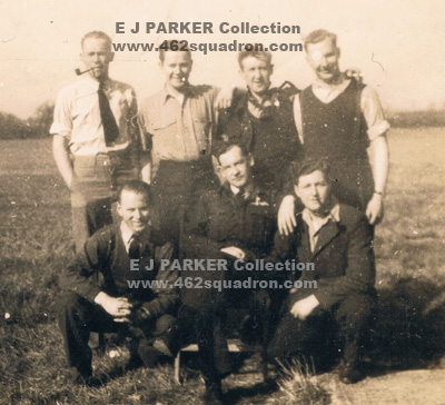 01 Cairns Crew beside airfield - Alby PASS, Ted PARKER, Bill MITTING, Geoff SATTLER, Jim BARKER, Jack CAIRNS, Ernie SCOTLAND (462 Squadron)