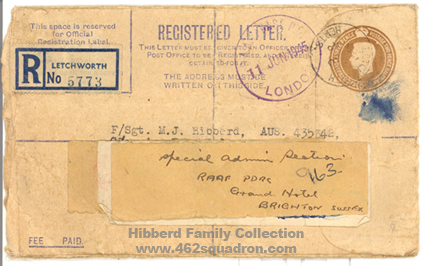 Front of envelope from Leslie L. Irvin to F/Sgt M.J.Hibberd, 435342 RAAF, with Caterpillar Pin, 2 June 1945. (462 Squadron)