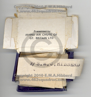 Original box for Caterpillar Pin, June 1945, F/Sgt M.J.Hibberd 435342 RAAF. (462 Squadron)