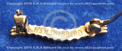 Gold Caterpillar Pin, rear view showing engraved name & rank of Club member F/Sgt M.J.Hibberd, 435342 RAAF. 